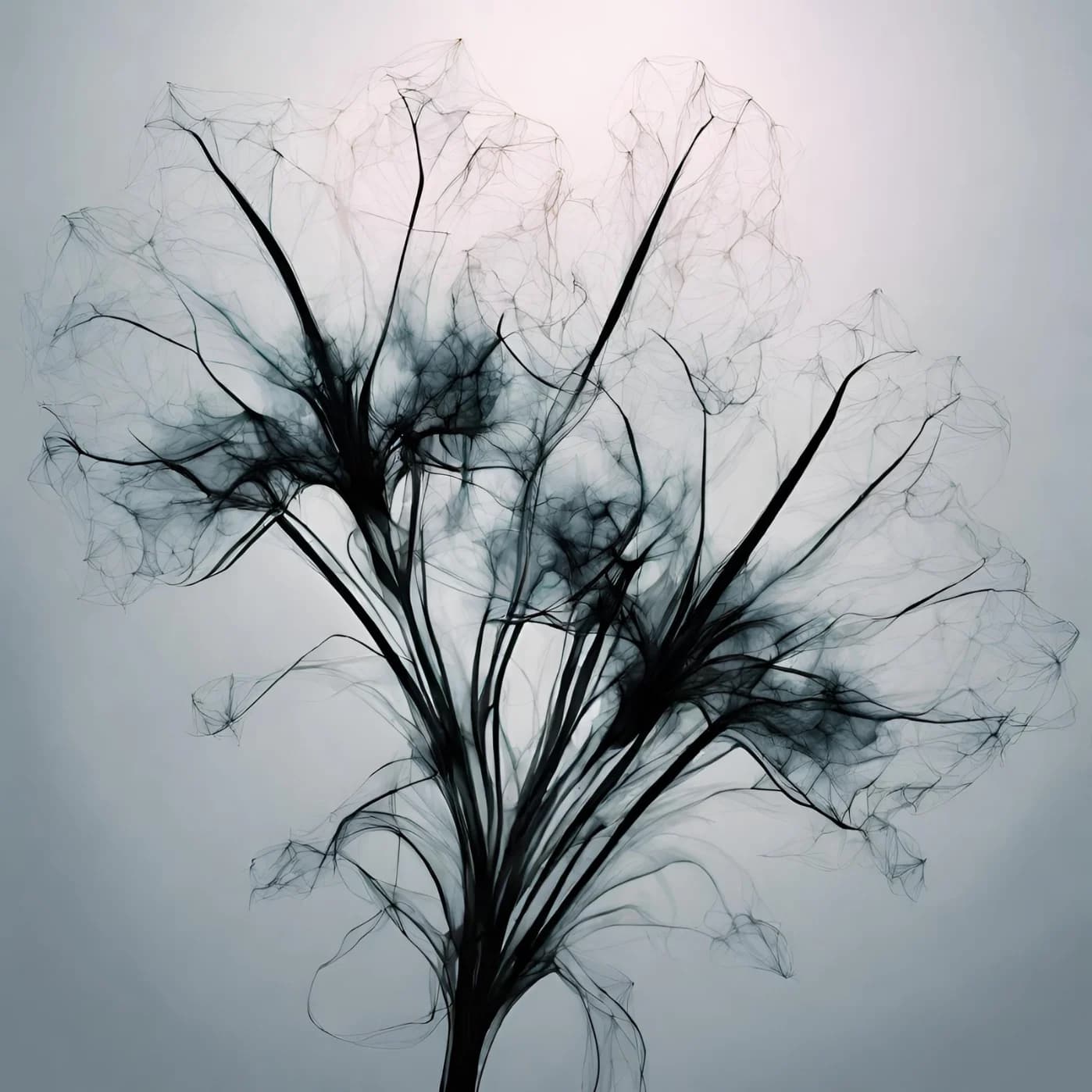 A cluster of pale flowers dissolving into darkness, individual blooms resolving out of the mass at close range.