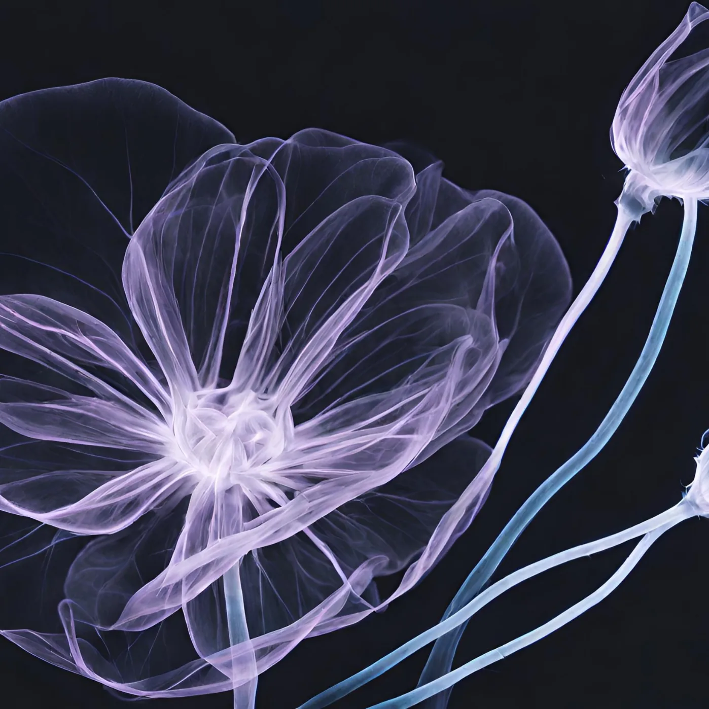 A single pale flower photographed against near-black, lit so that the structure of its petals and stamen is visible.