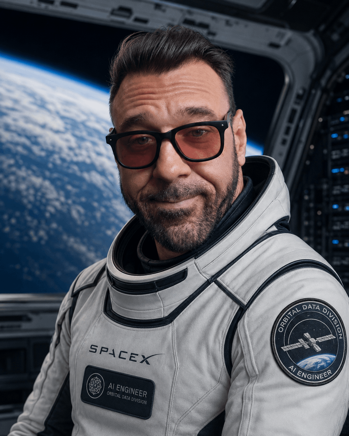 John in an astronaut suit inside a fictional orbital datacenter with Earth visible through a window and server racks alongside.