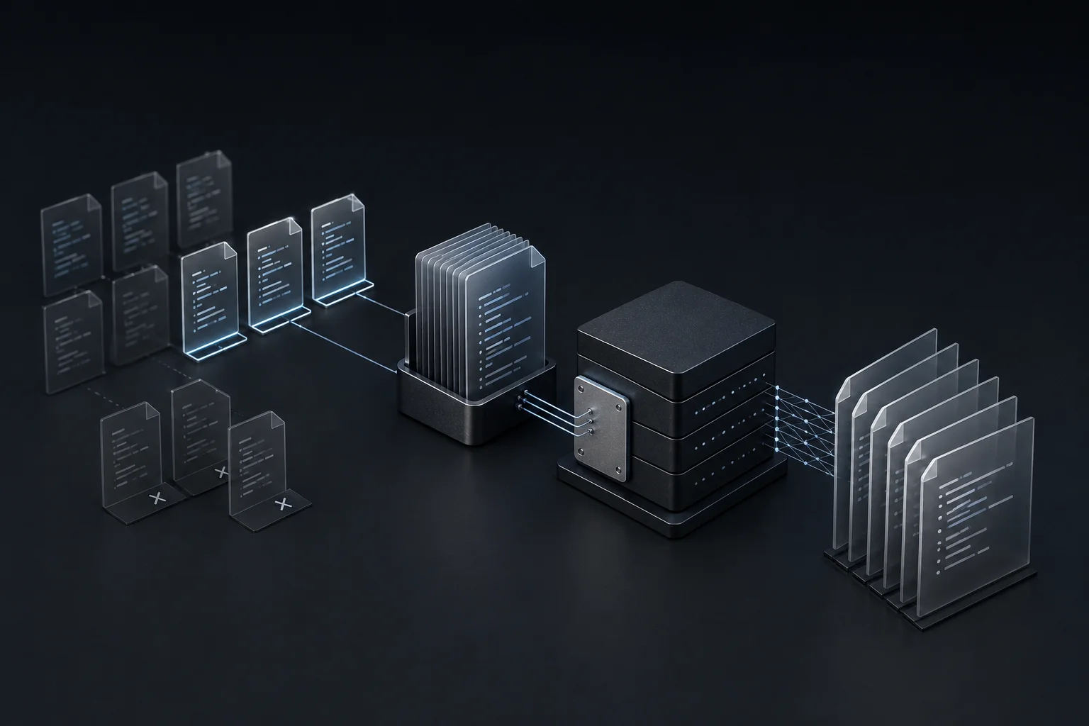 Selected code-search records form a curated dataset beside a layered model with an adapter plate and a separate set of test documents.